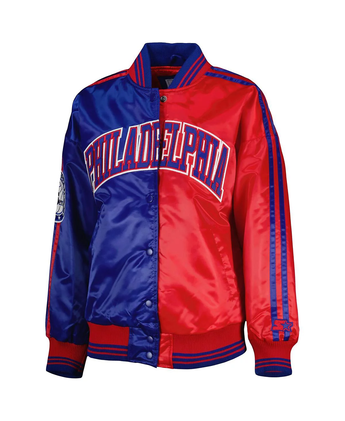 Starter Womens RoyalRed Philadelphia 76ers Split Colorblock Satin Full-Snap Varsity Jacket 21290₽
