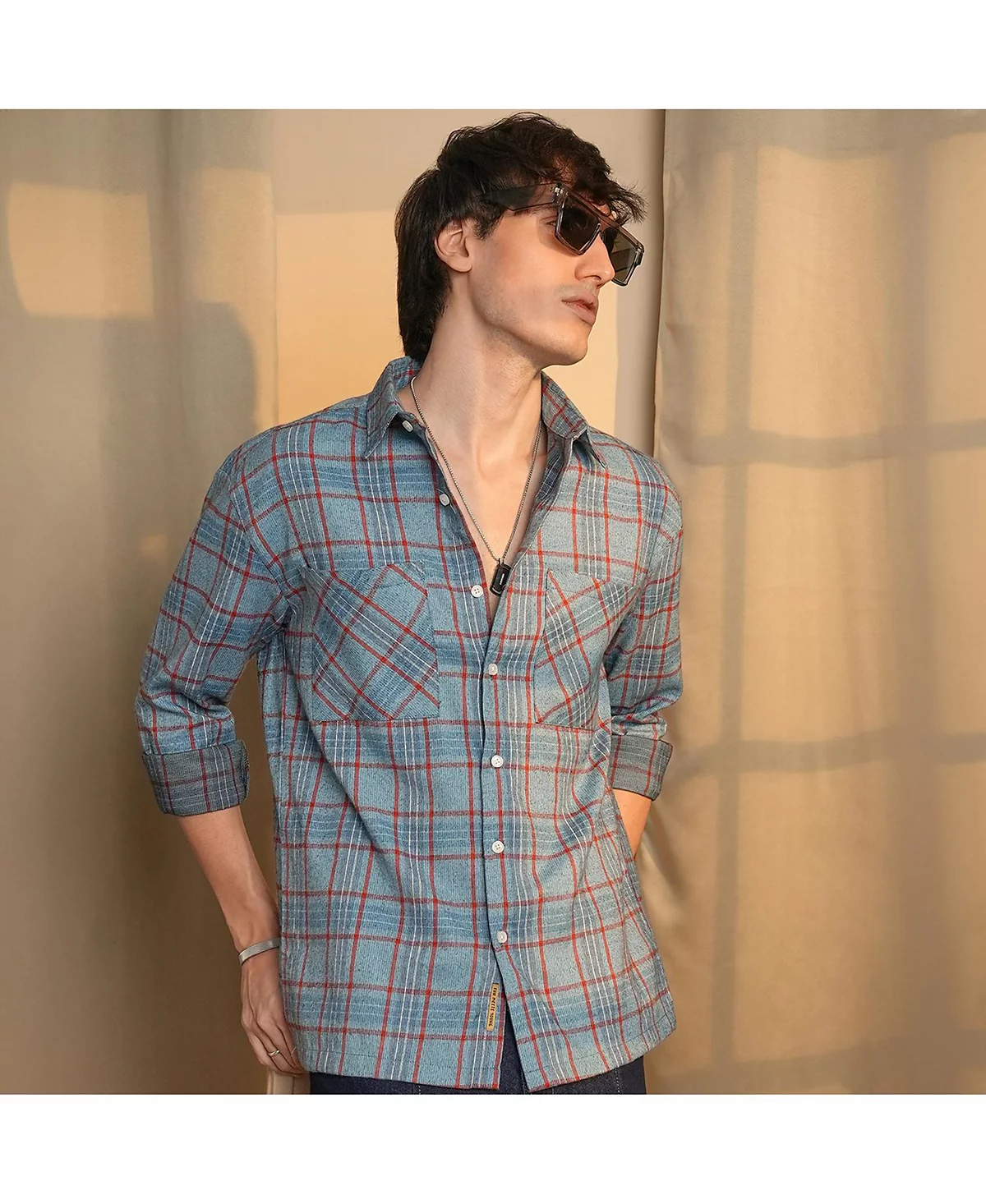 Мужская рубашка в клетку из тартана василькового цвета 10390₽