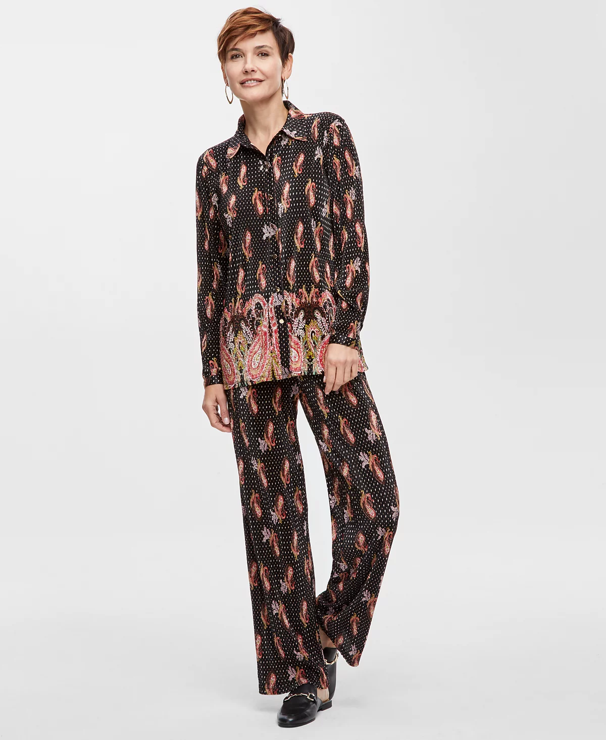 JM Collection Women's Paisley Pleated Shirt - Pull-On Pants, Created for Macy's
