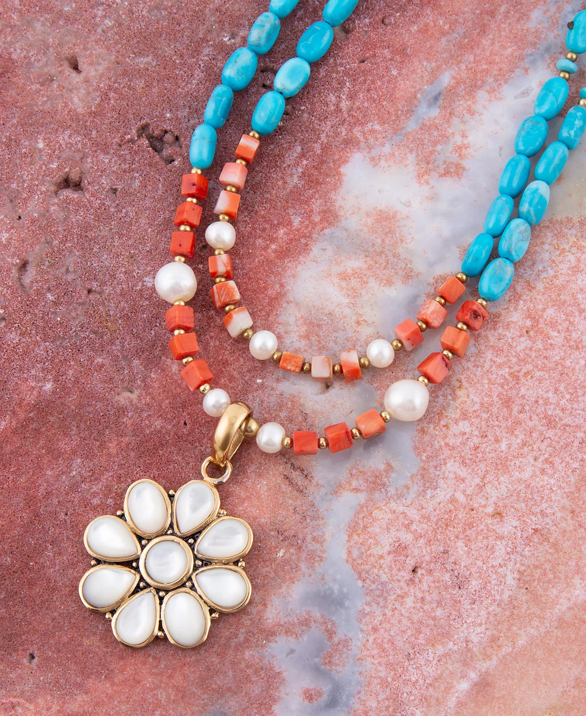 Barse Hibiscus Genuine Multi Stone Mother of Pearl Bronze Flower Pendant Necklace 31990₽