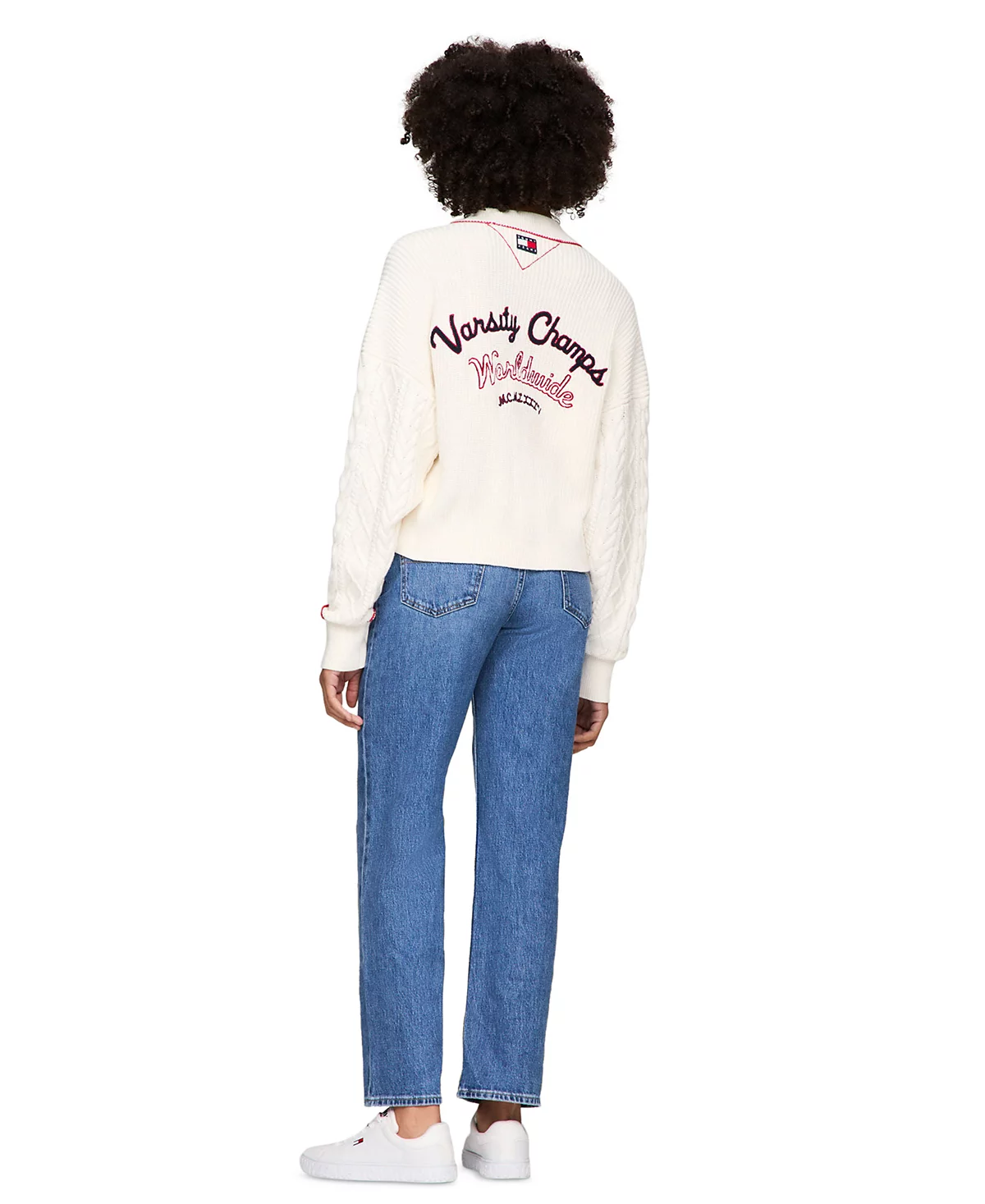 Tommy Jeans Womens Prep Cotton Varsity Embroidered Cable-Knit Cardigan Cropped Varsity T-Shirt - High-Rise Straight-Leg Jeans 10190₽