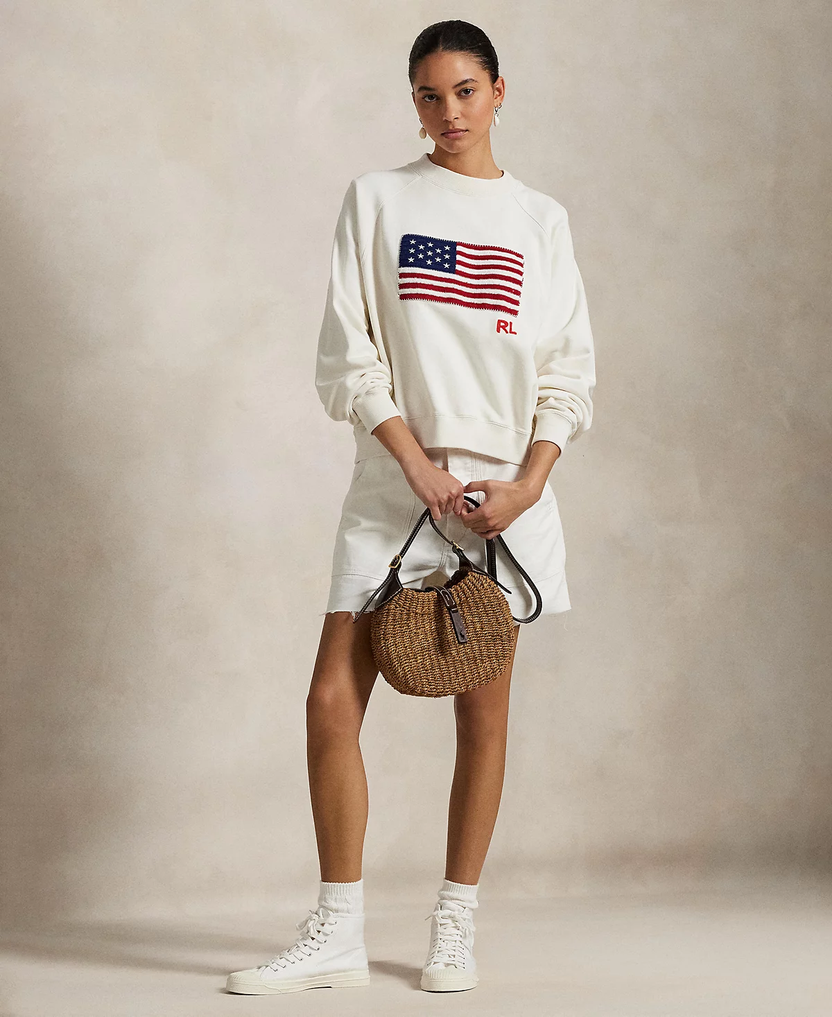 Женское поло Polo Ralph Lauren с логотипом и флагом из махрового френча с круглым вырезом