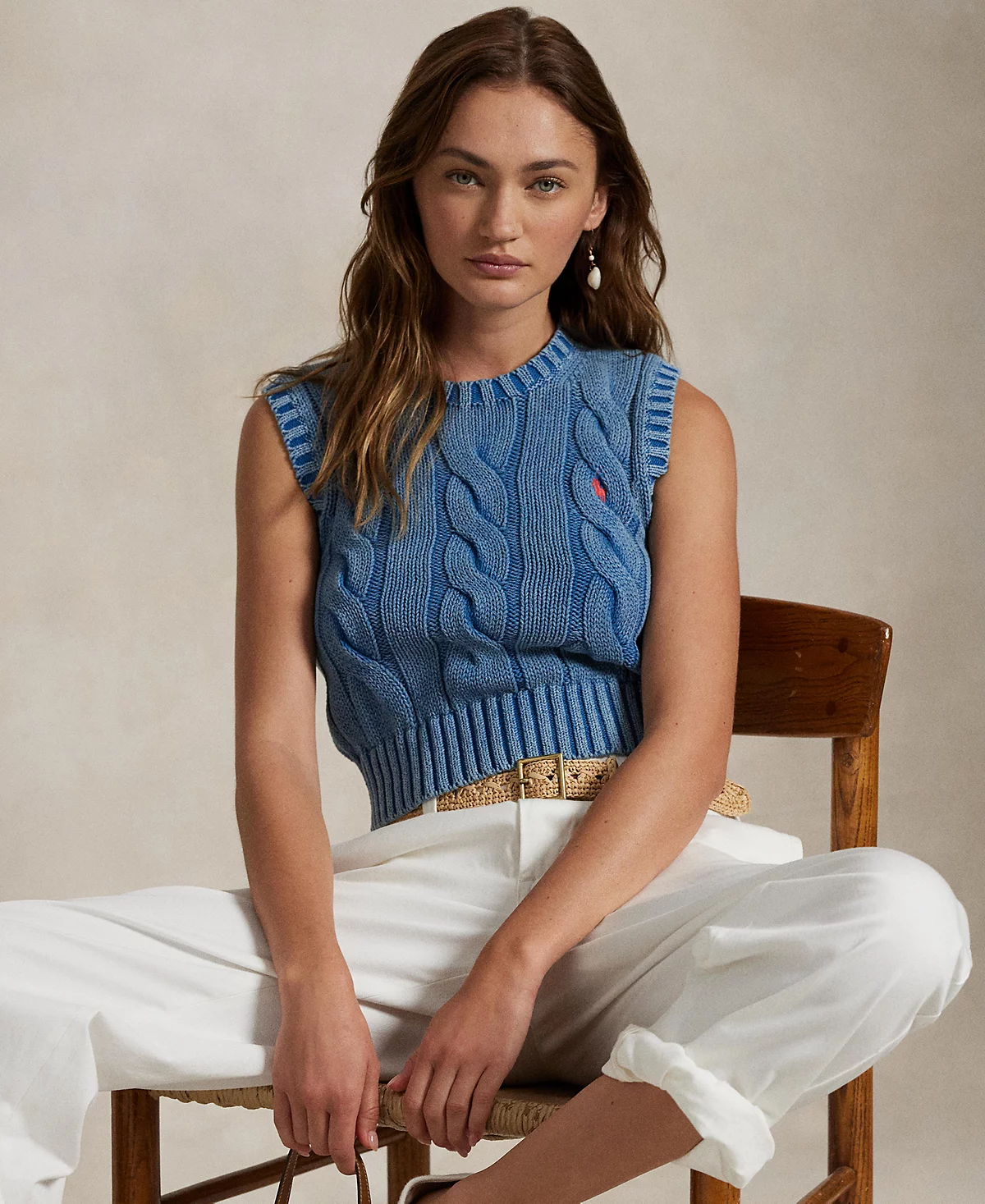 Женский укороченный свитер Polo Ralph Lauren из хлопка кабельной вязки 