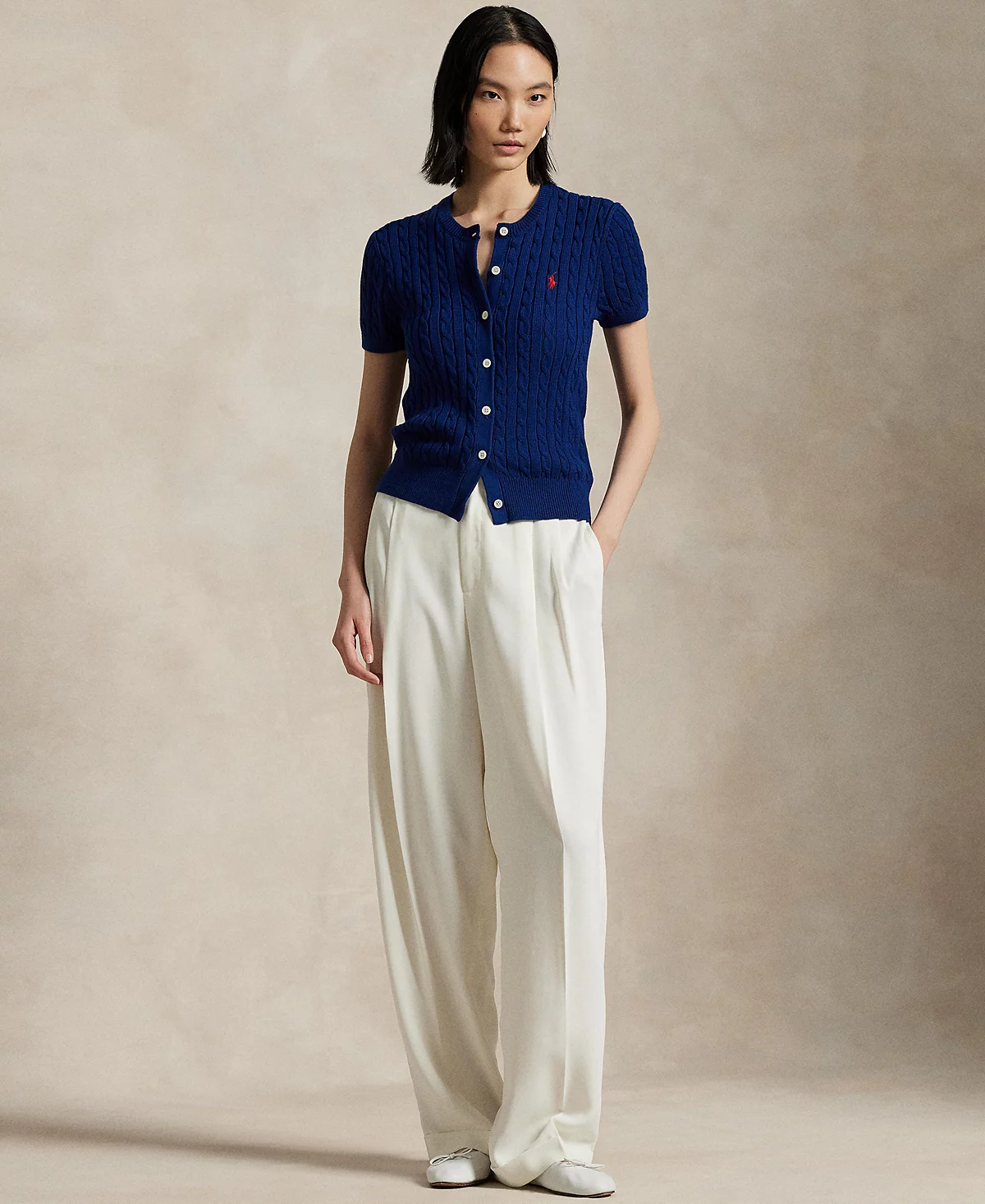 Женский кардиган Polo Ralph Lauren из хлопка кабельной вязки с коротким рукавом