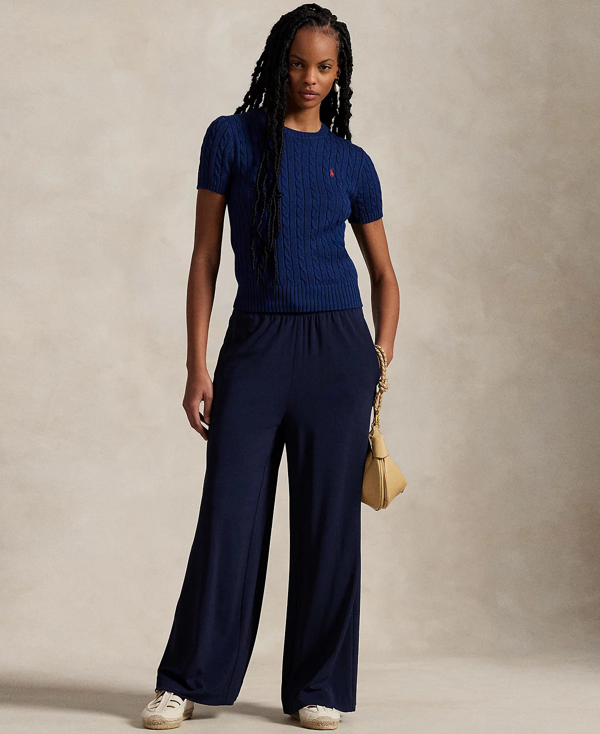 Женский свитер Polo Ralph Lauren из хлопка кабельной вязки с коротким рукавом