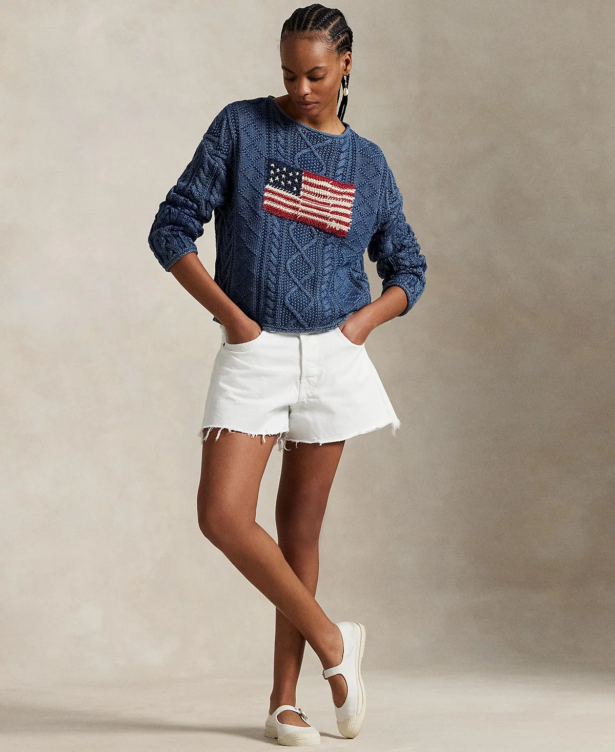 Женский хлопковый свитер Polo Ralph Lauren Flag Аранской вязки из хлопка