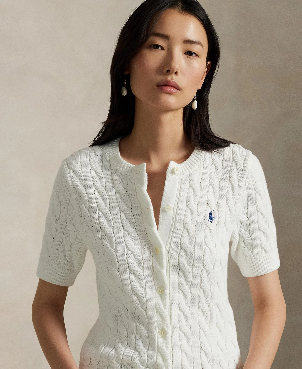 Женский кардиган из хлопка плотной вязки Polo Ralph Lauren c коротким рукавом