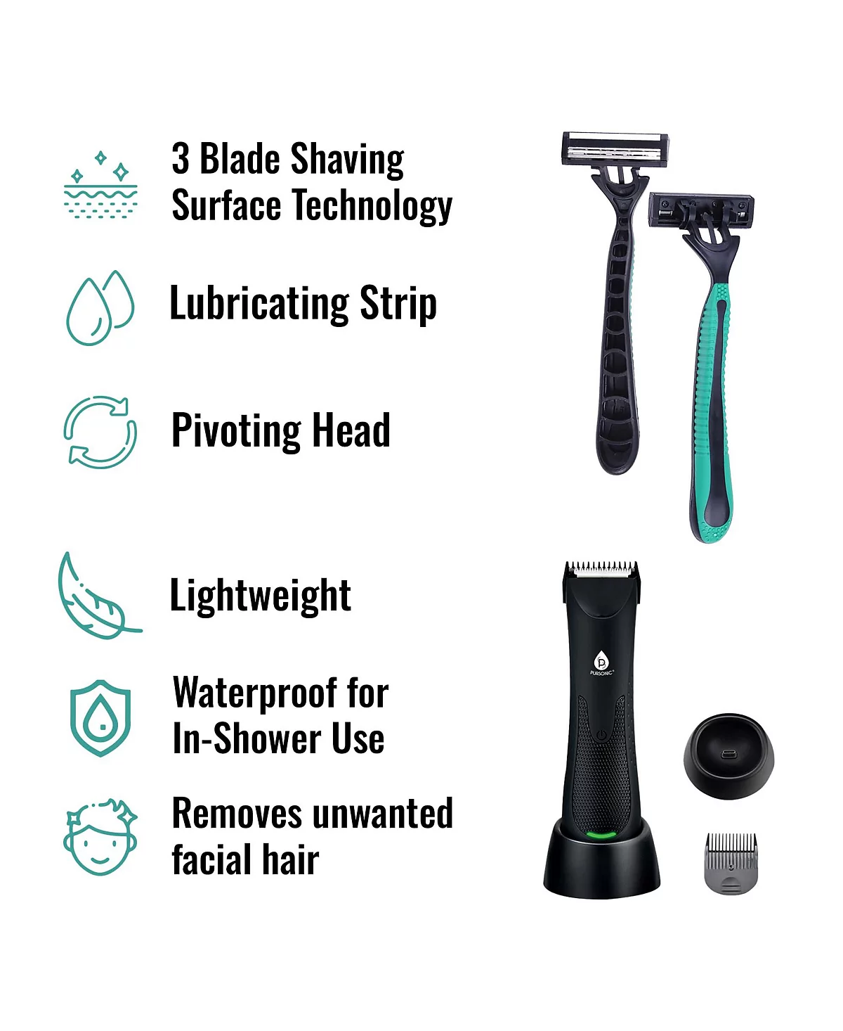 PURSONIC Mens Mario Lopez Wireless Body Hair Trimmer - Shaver and Mario Lopez Disposable Razors - 3 Blade Shaving Surface Technology 7590₽