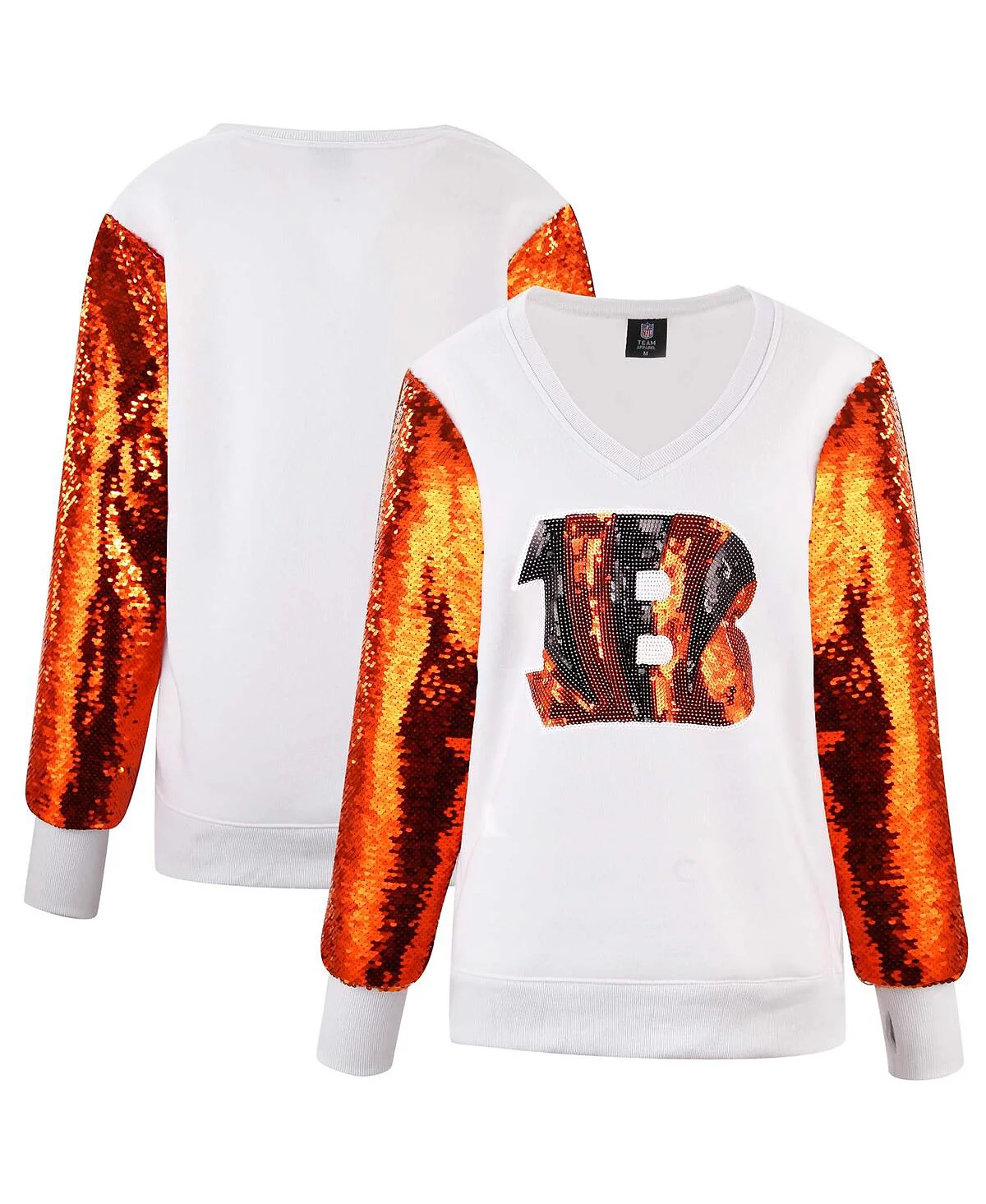 Cuce Womens White Cincinnati Bengals Sequin Sleeve V-Neck Pullover Sweatshirt 18990₽
