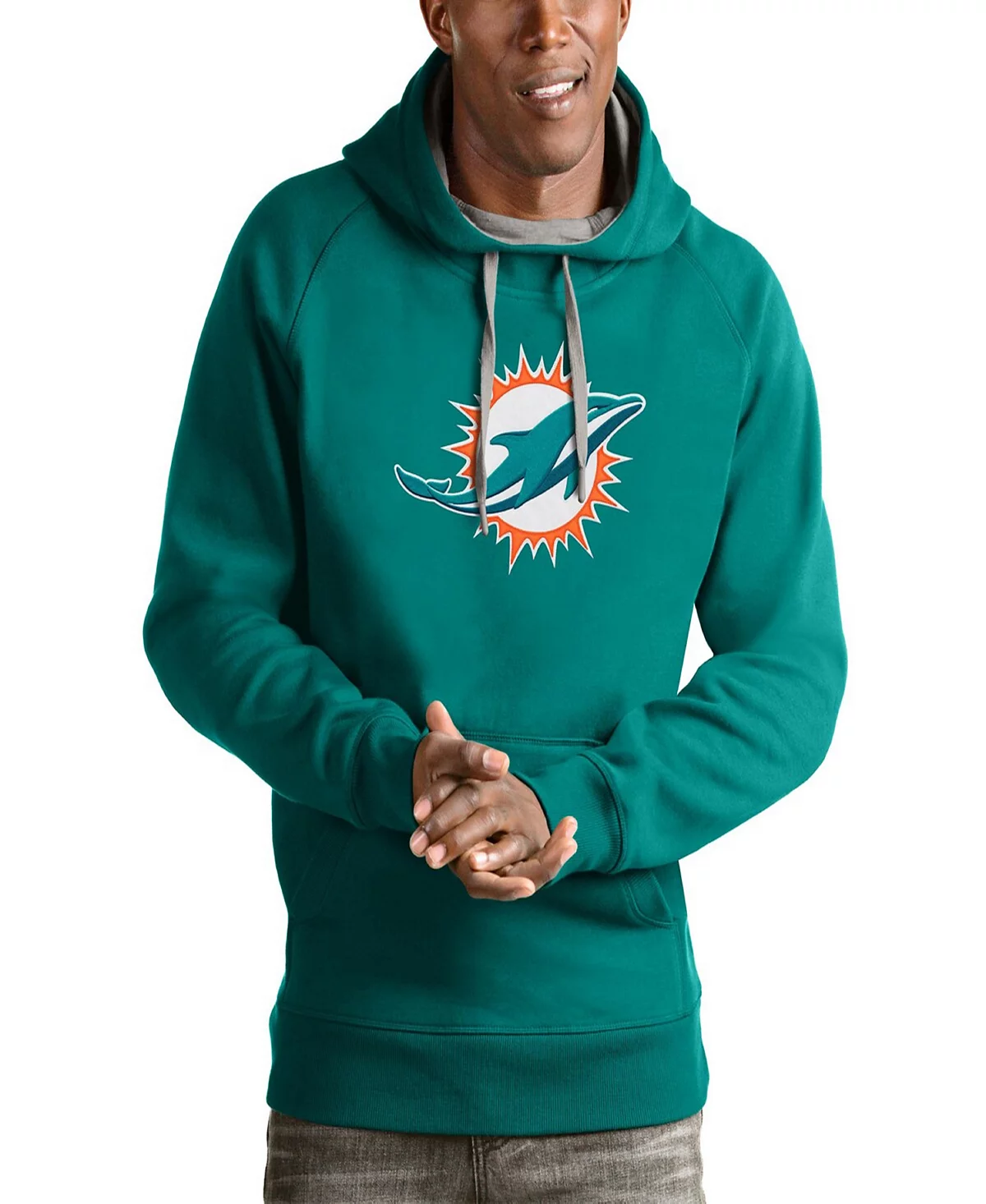 Antigua Mens Aqua Miami Dolphins Victory Pullover Hoodie 14490₽