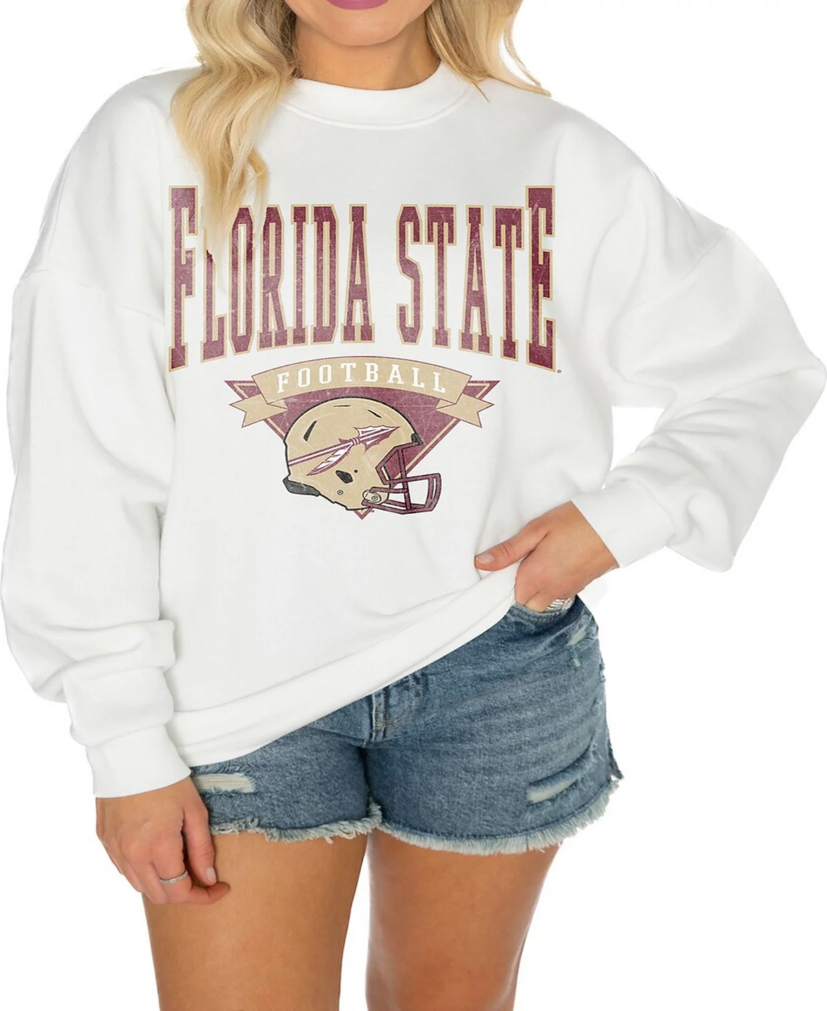 Gameday Couture Women's White Florida State Seminoles Good Vibes Premium Fleece Drop Shoulder Pullover Sweatshirt