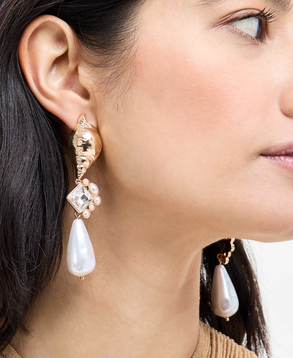 INC International Concepts Gold-Tone Crystal - Imitation Pearl Shell Linear Drop Earrings Exclusively at Macys 5990₽