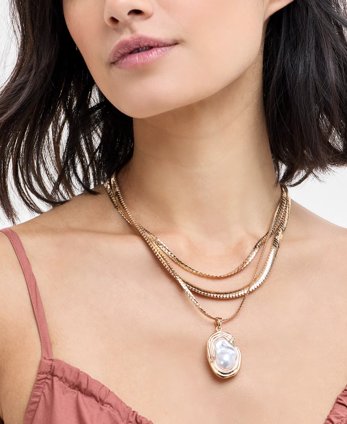 INC International Concepts Gold-Tone Imitation Pearl Layered Pendant Necklace 16-14 3 extender Exclusively at Macys 7490₽
