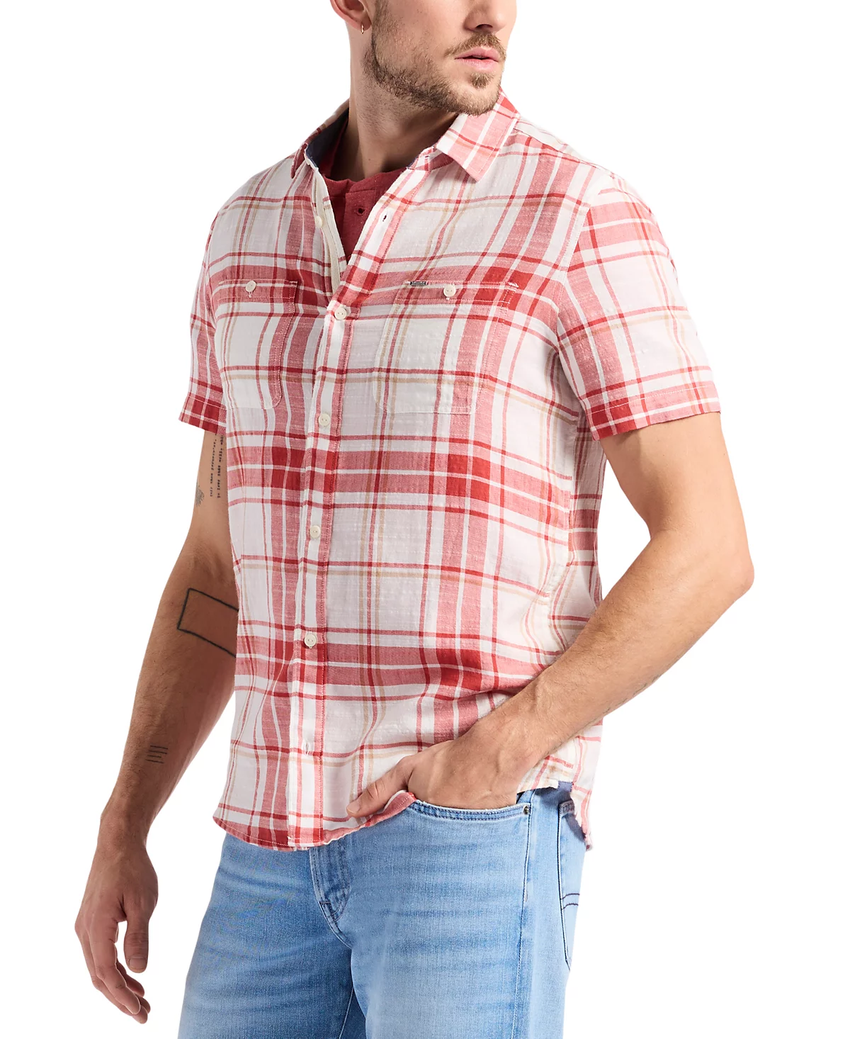 Mens Sagrino Fitted Short Sleeve Plaid Button-Front Shirt 9890₽
