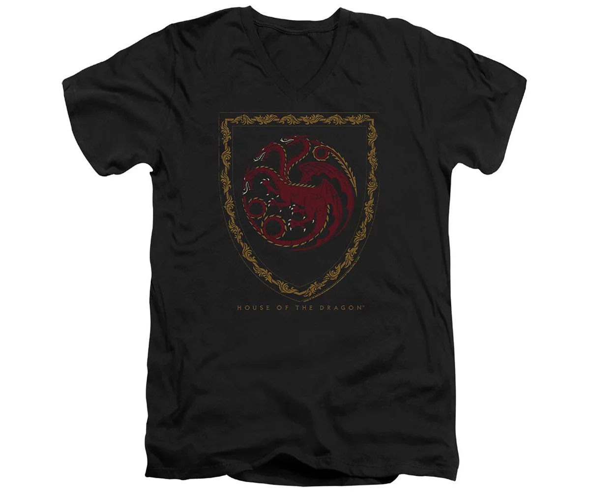 House Of The Dragon Mens Dragon Shield Vintage Dark Short Sleeve Adult V Neck Premium Cotton Tee T-Shirt 5490₽