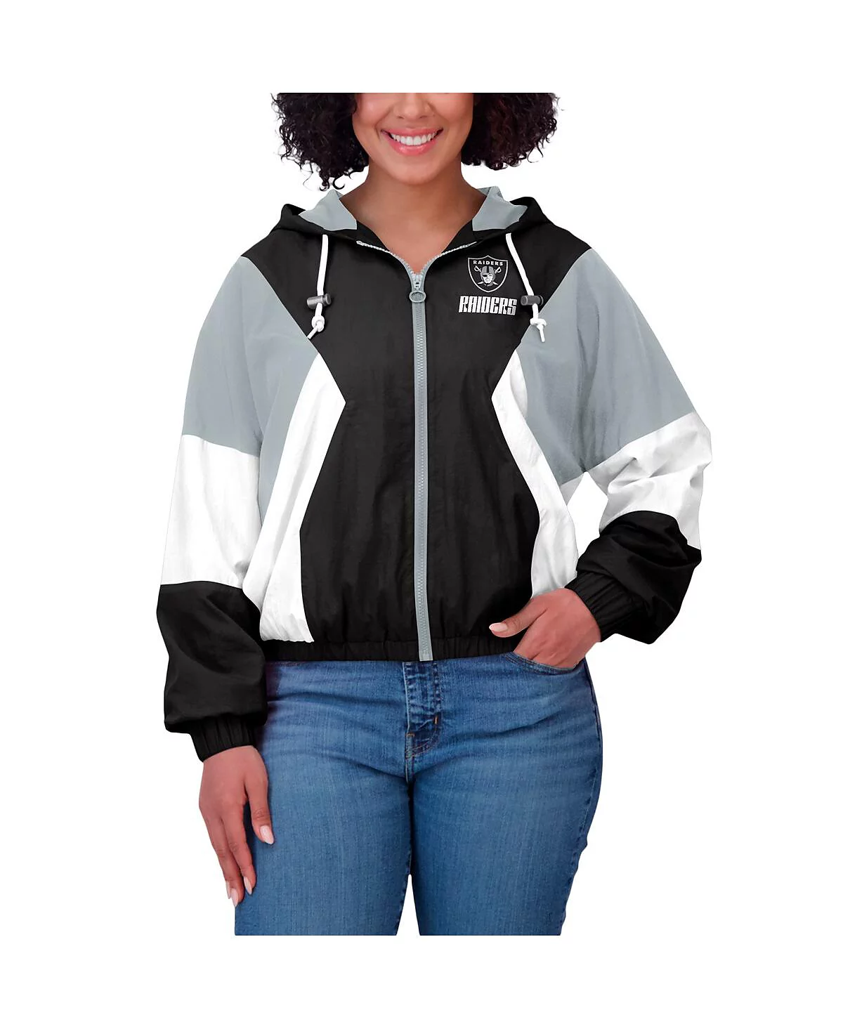 WEAR by Erin Andrews Women's Black/Gray Las Vegas Raiders Color Block Full-Zip Windbreaker Jacket