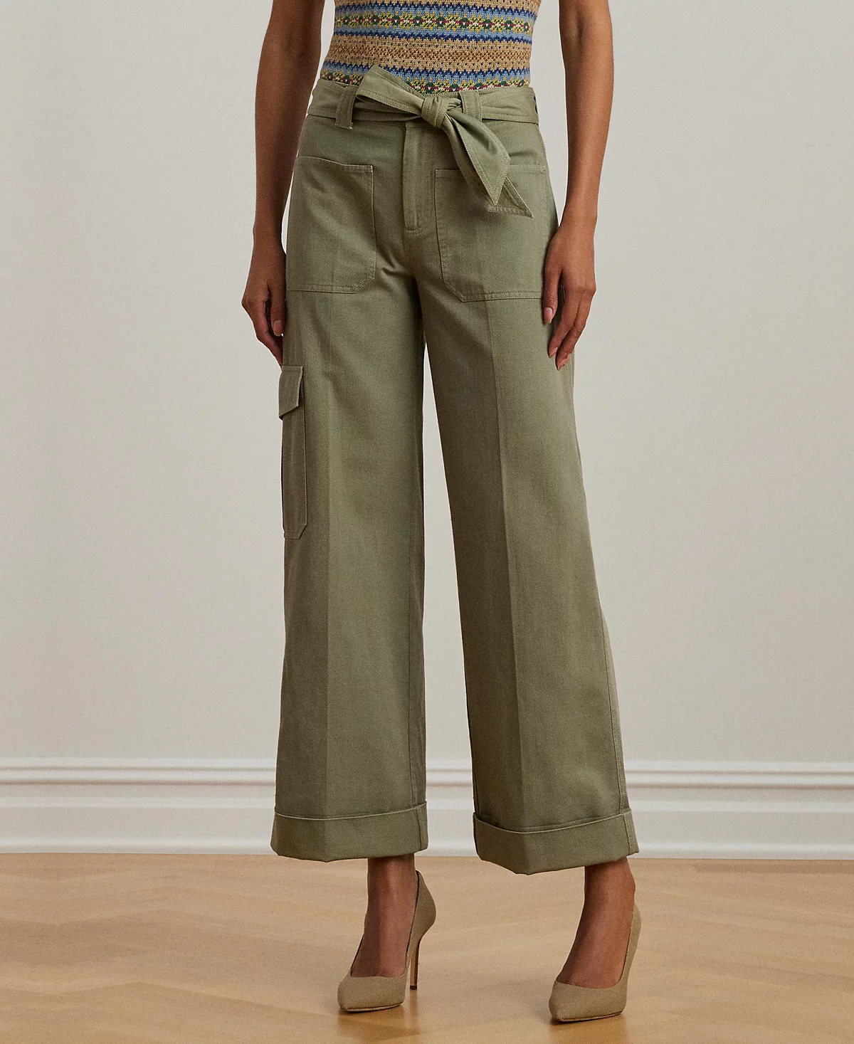 Lauren Ralph Lauren Women's Pleated Cotton Twill Wide-Leg Cargo Pants, Regular & Petite