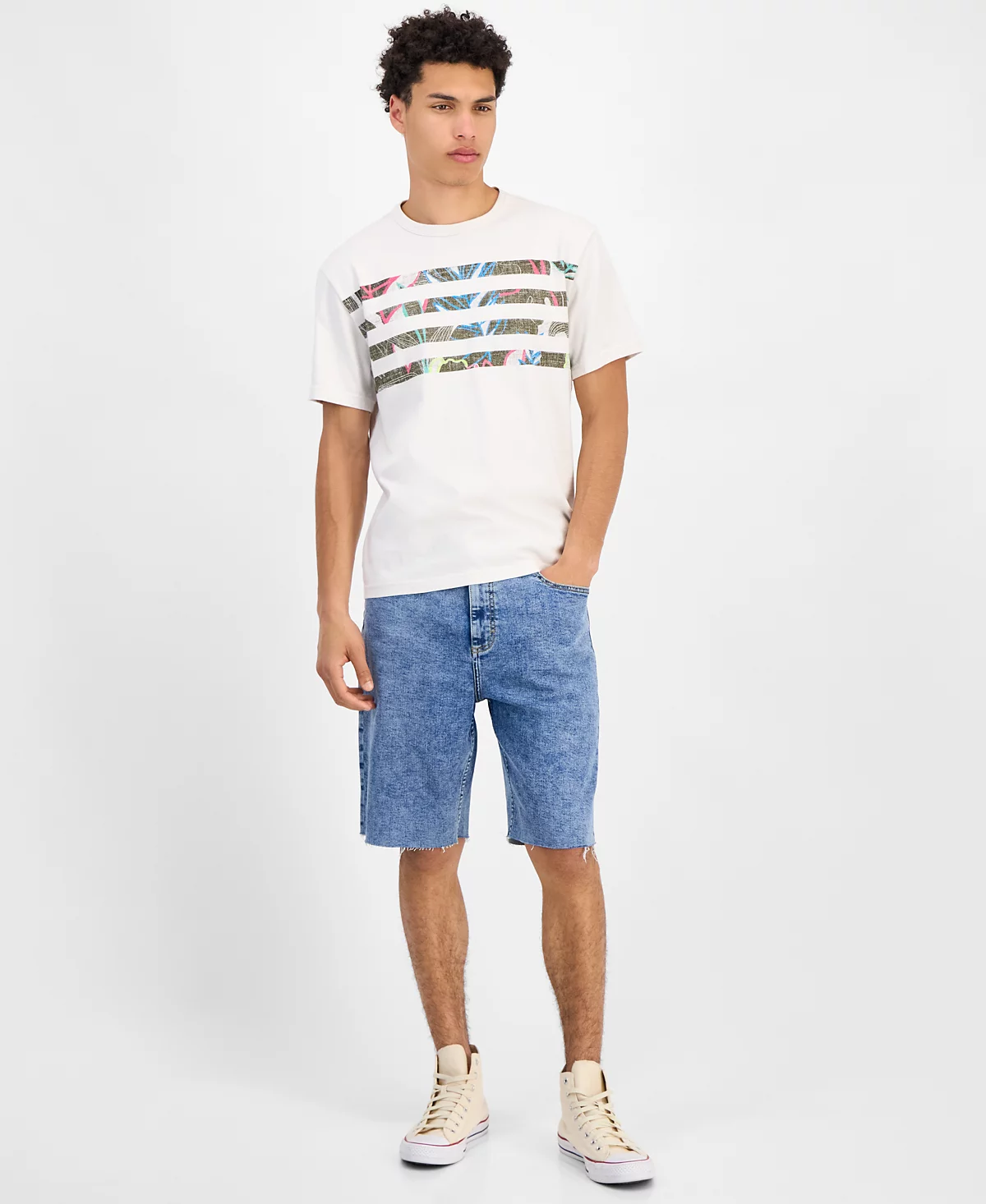 Sun Stone Mens Jack Short Sleeve Striped Tropical Graphic Crewneck T-Shirt Exclusively at Macys 4790₽