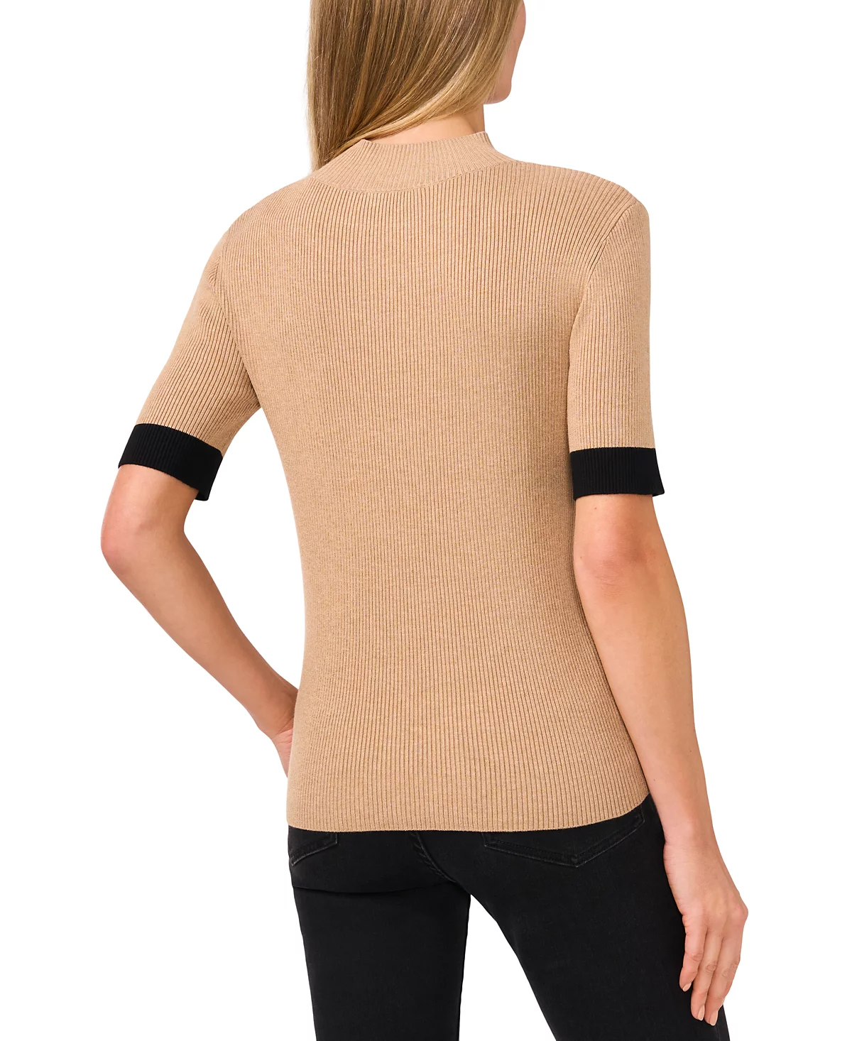 CeCe Women's Ribbed Mock-Neck Contrast-Cuff Sweater