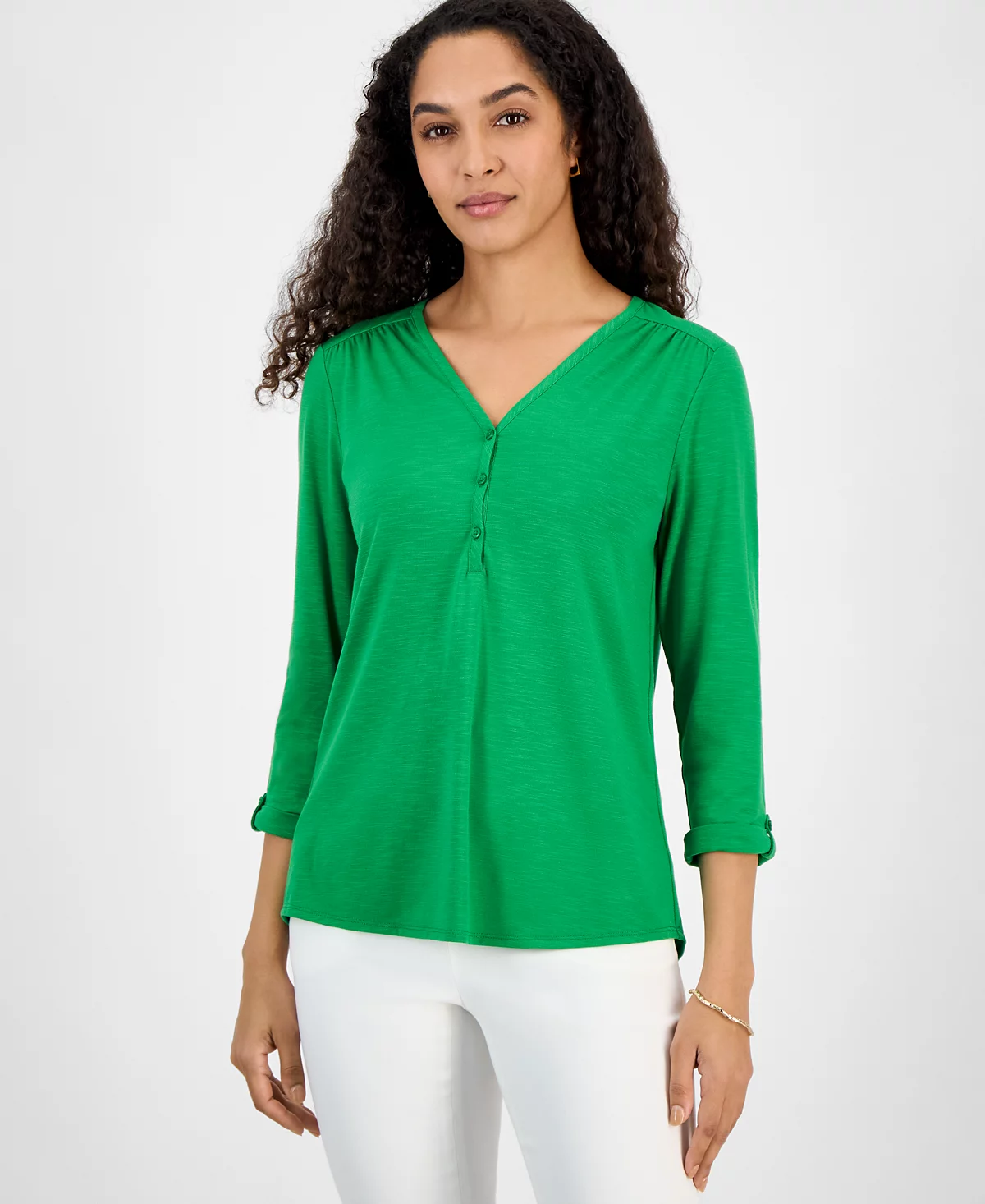 Kasper Women's Draped Cuffed-Sleeve Henley-Neck Top