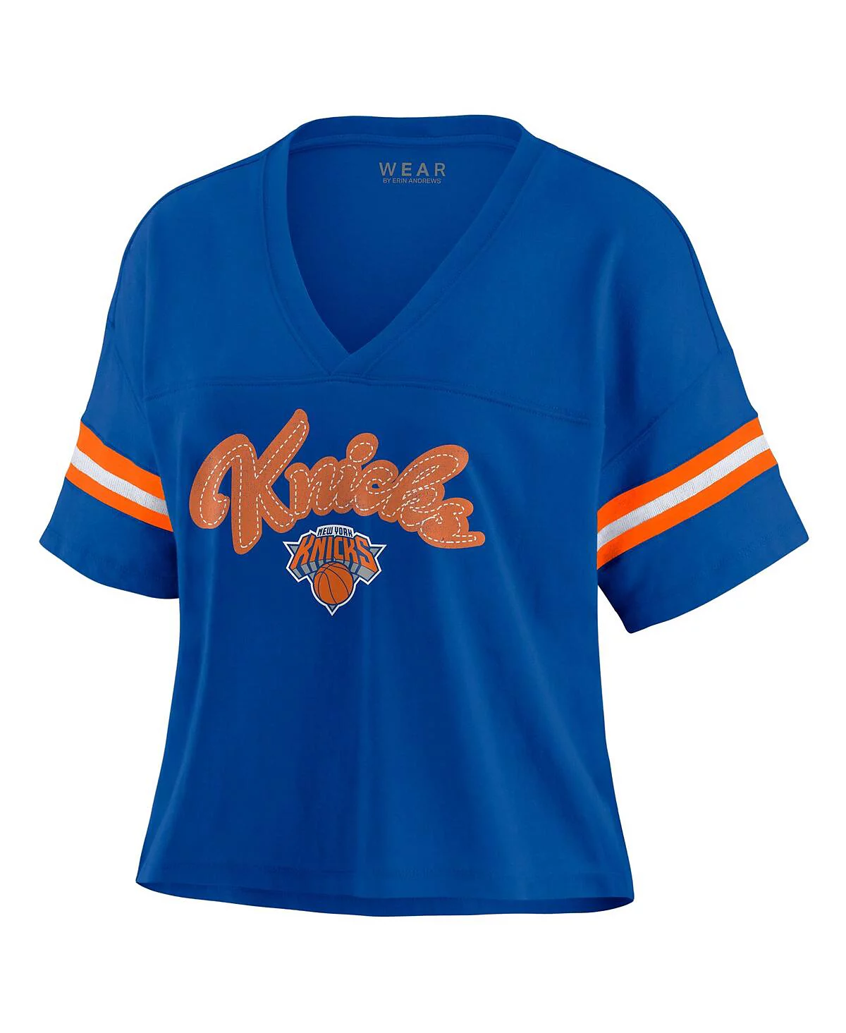 WEAR by Erin Andrews Women's Blue New York Knicks Plus Size Color Block Boxy V-Neck T-Shirt