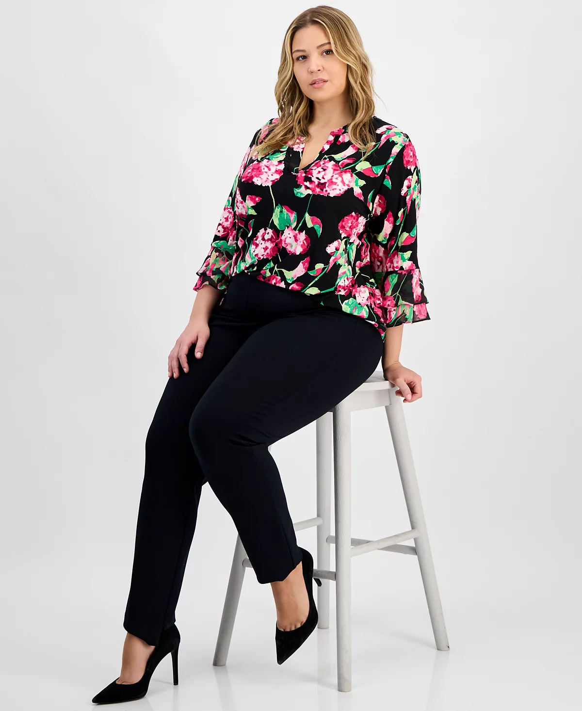 Kasper Plus Size Floral-Print Flutter-Sleeve Top