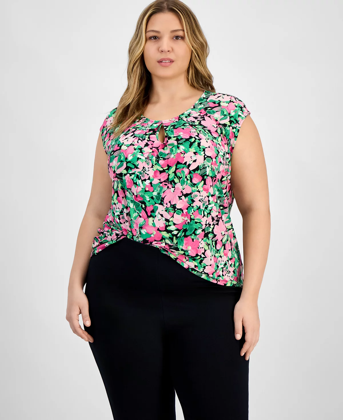 Kasper Plus Size Floral Keyhole-Neck Cap-Sleeve Top