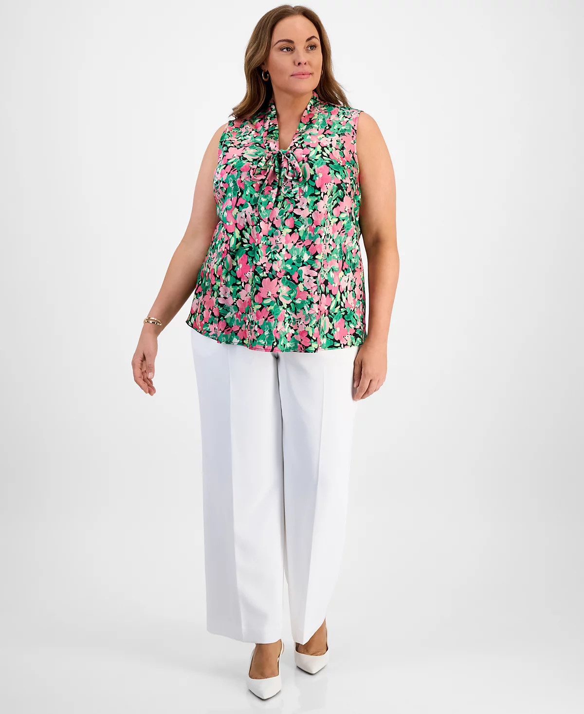 Kasper Plus Size Tie-Neck Floral-Print Shell Top