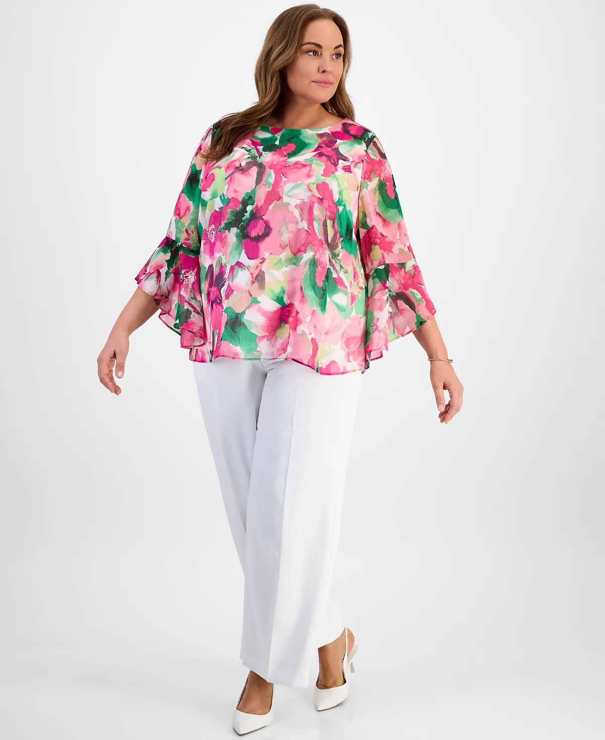 Kasper Plus Size Floral-Print Bell-Sleeve Blouse