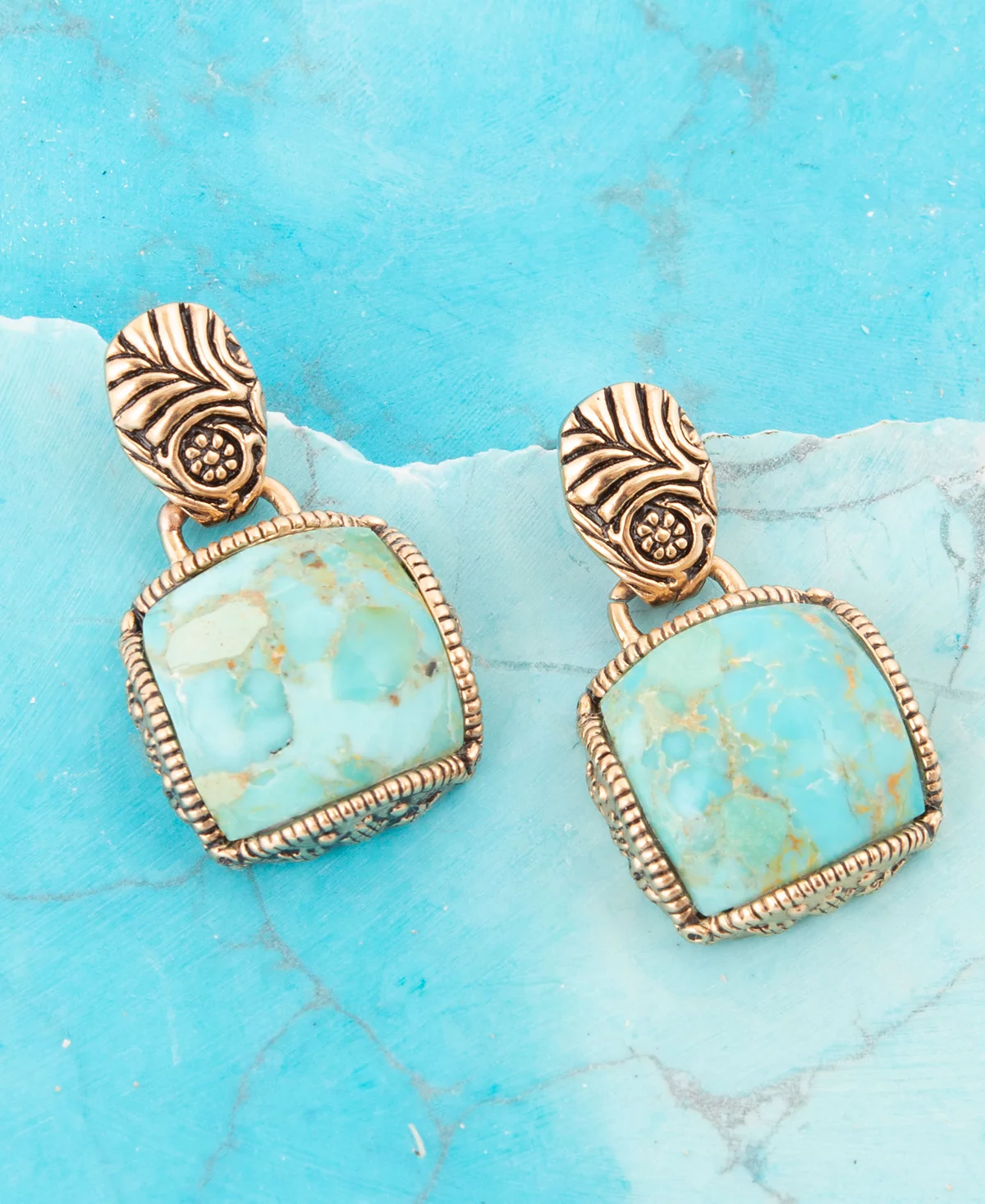Barse Carved Blue Turquoise Golden Square Drop Earrings 16790₽