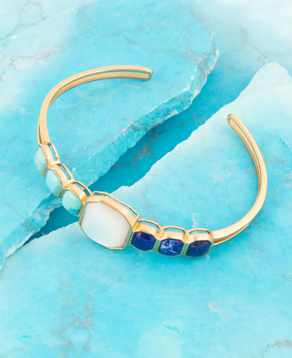 Barse Dual Color Blue Lapis Turquoise and White Mother of Pearl Golden Cuff Bracelet 33890₽