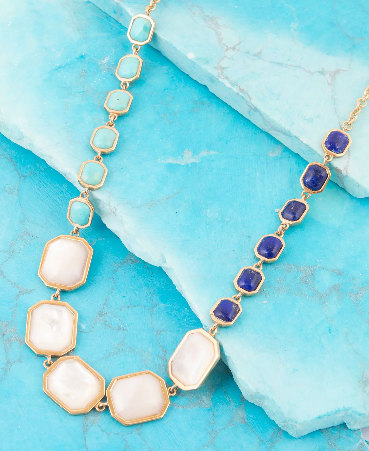 Barse Dual Color Blue Lapis Turquoise and White Mother of Pearl Golden Octagon Necklace