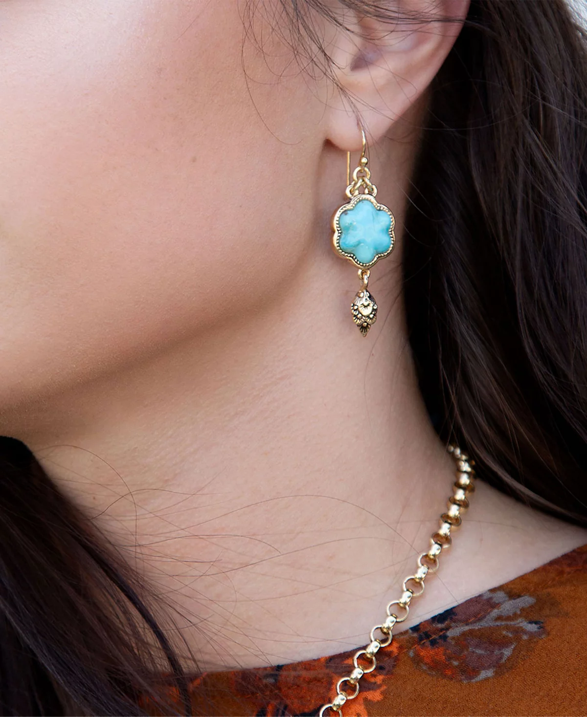 Barse Flower Genuine Blue Turquoise Golden Drop Earrings 14790₽
