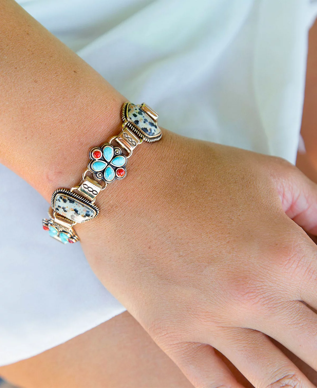 Barse Legacy Blue Turquoise and Dalmatian Jasper Golden Link Bracelet 37690₽