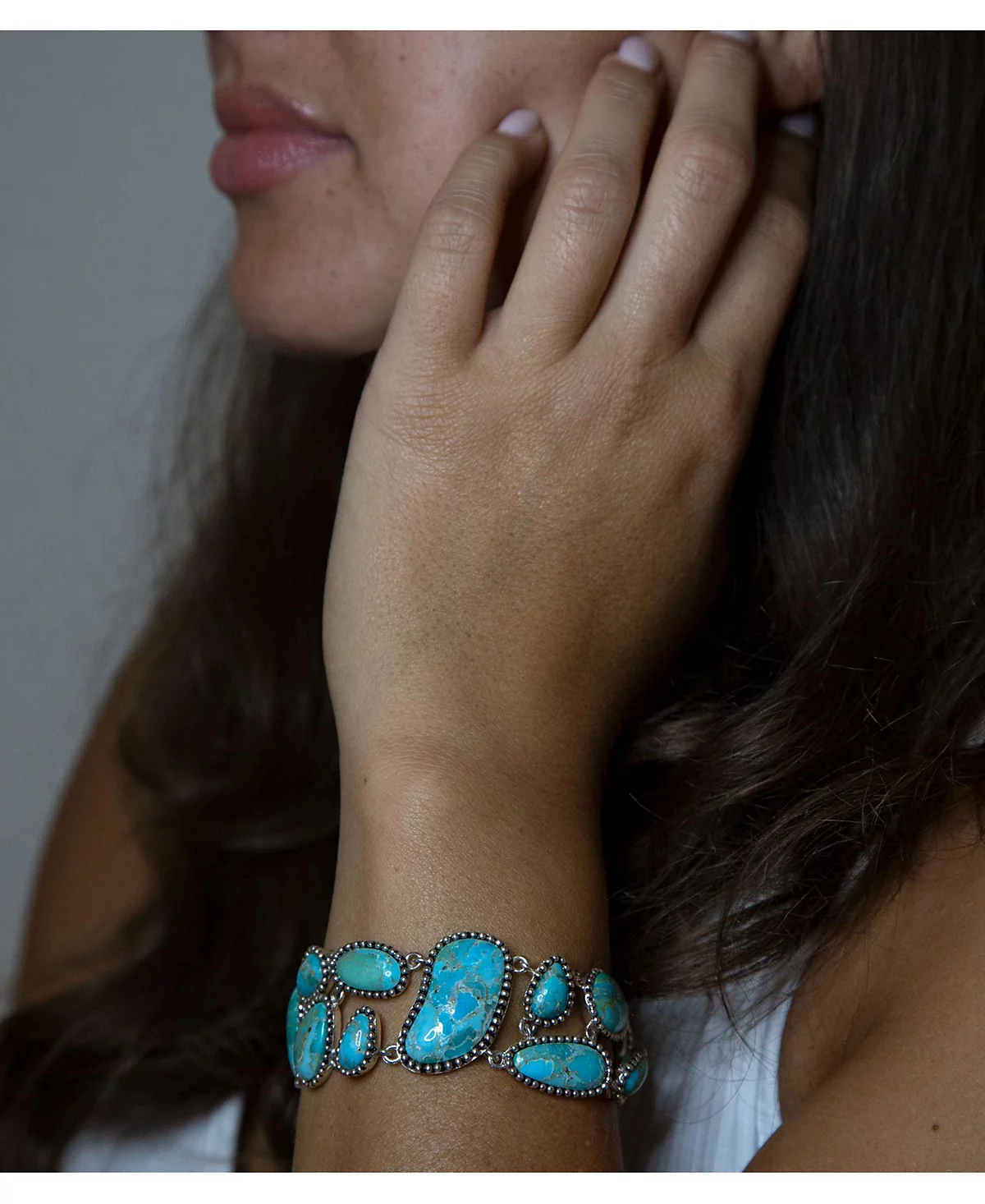 Barse Refined Genuine Blue Turquoise Sterling Silver Link Abstract Bracelet