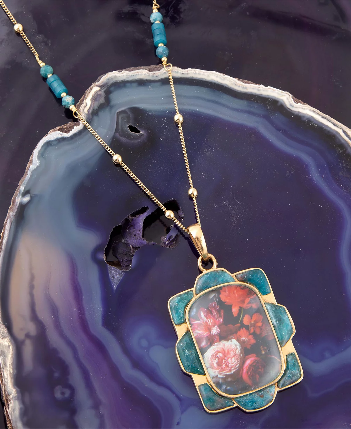Barse Scenic Red Florals Blue Apatite Golden Pendant Necklace 41490₽