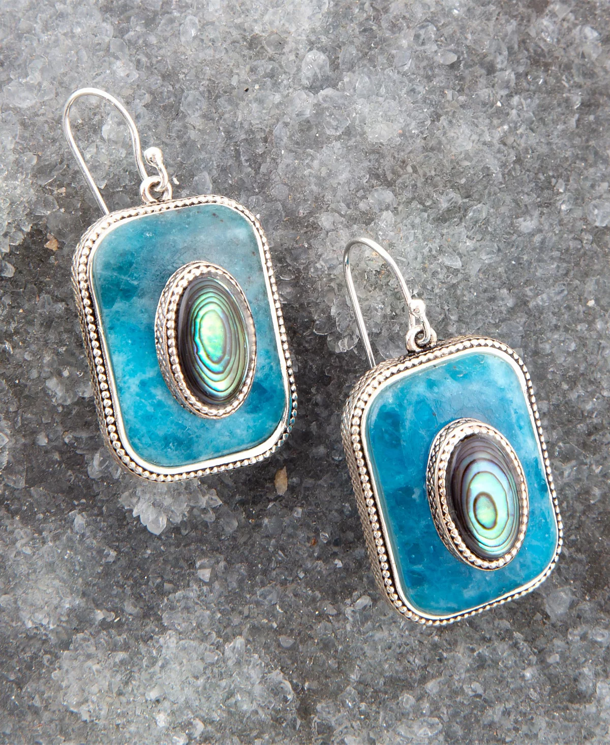 Barse Blue Apatite and Abalone Stacked Sterling Square Drop Earrings 52890₽