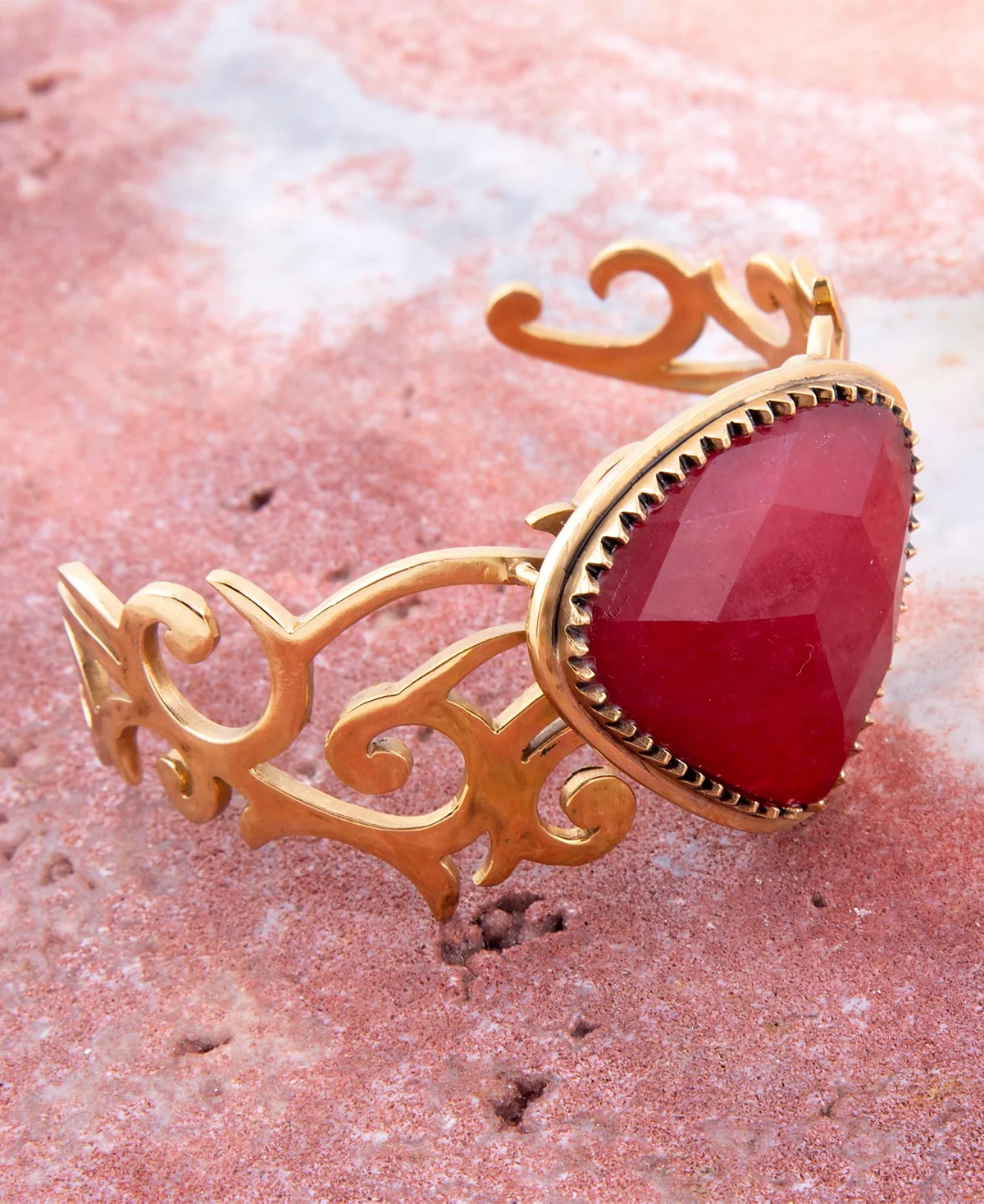 Barse Red Bordeaux Quartz Golden Statement Cuff Bracelet