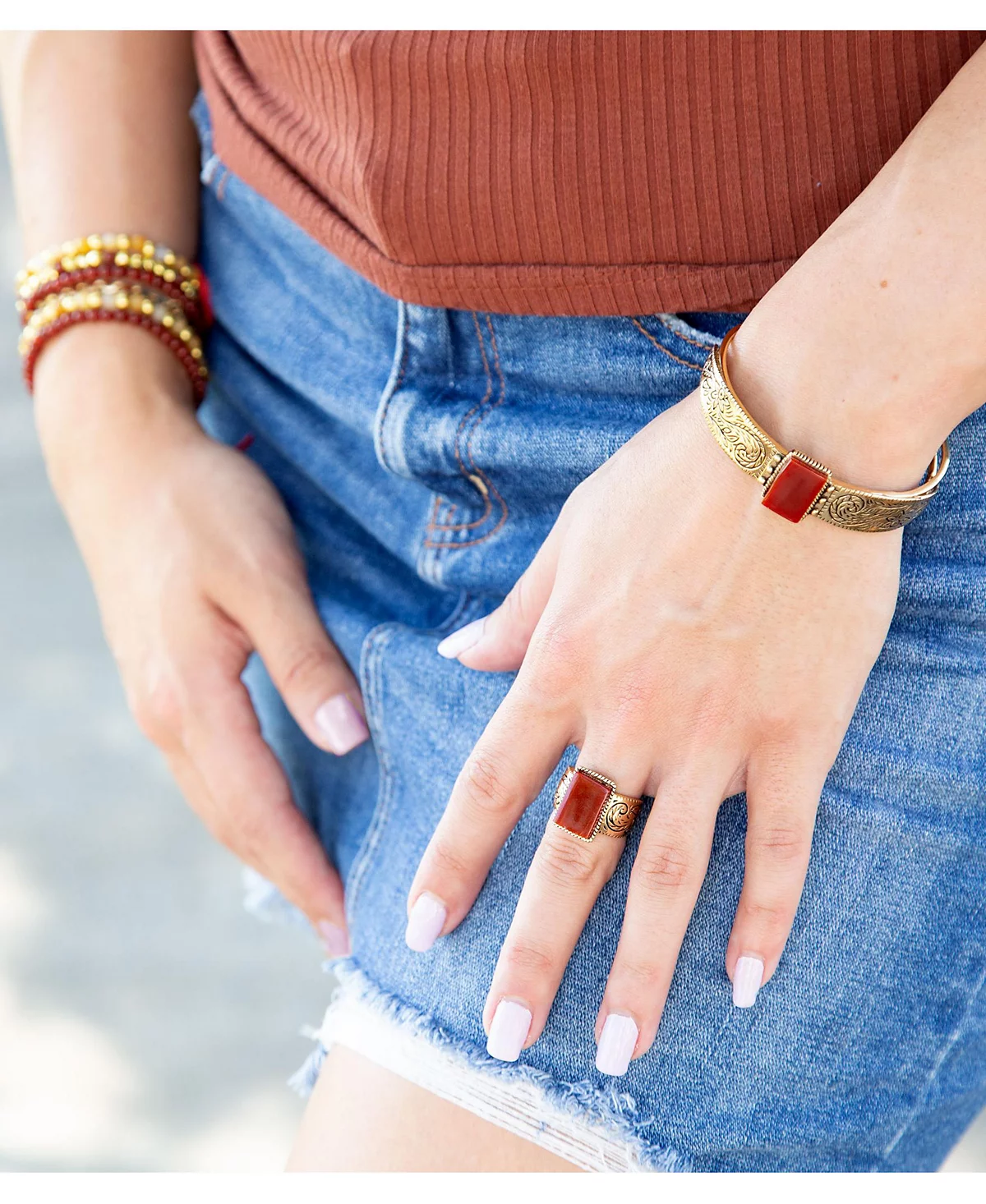 Barse Stamped Orange Carnelian Golden Rectangle Cuff Bracelet
