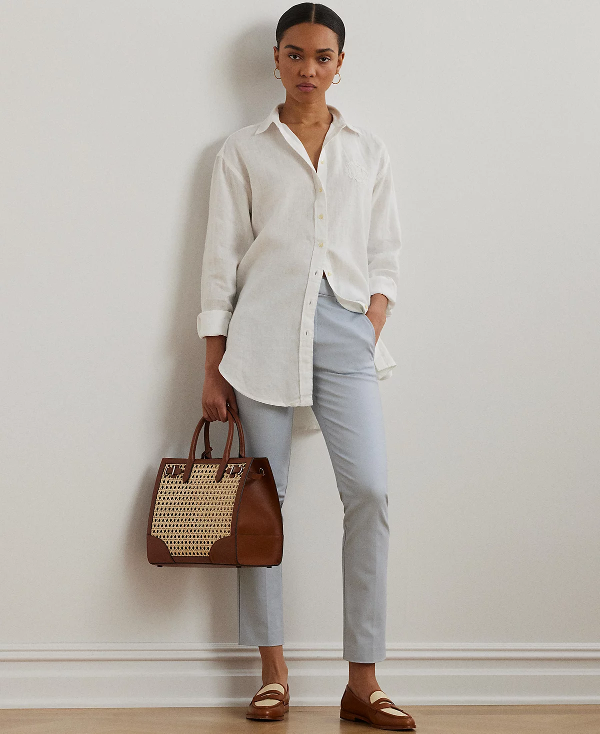 Lauren Ralph Lauren Women's Oversize Floral-Logo 100% Linen Shirt