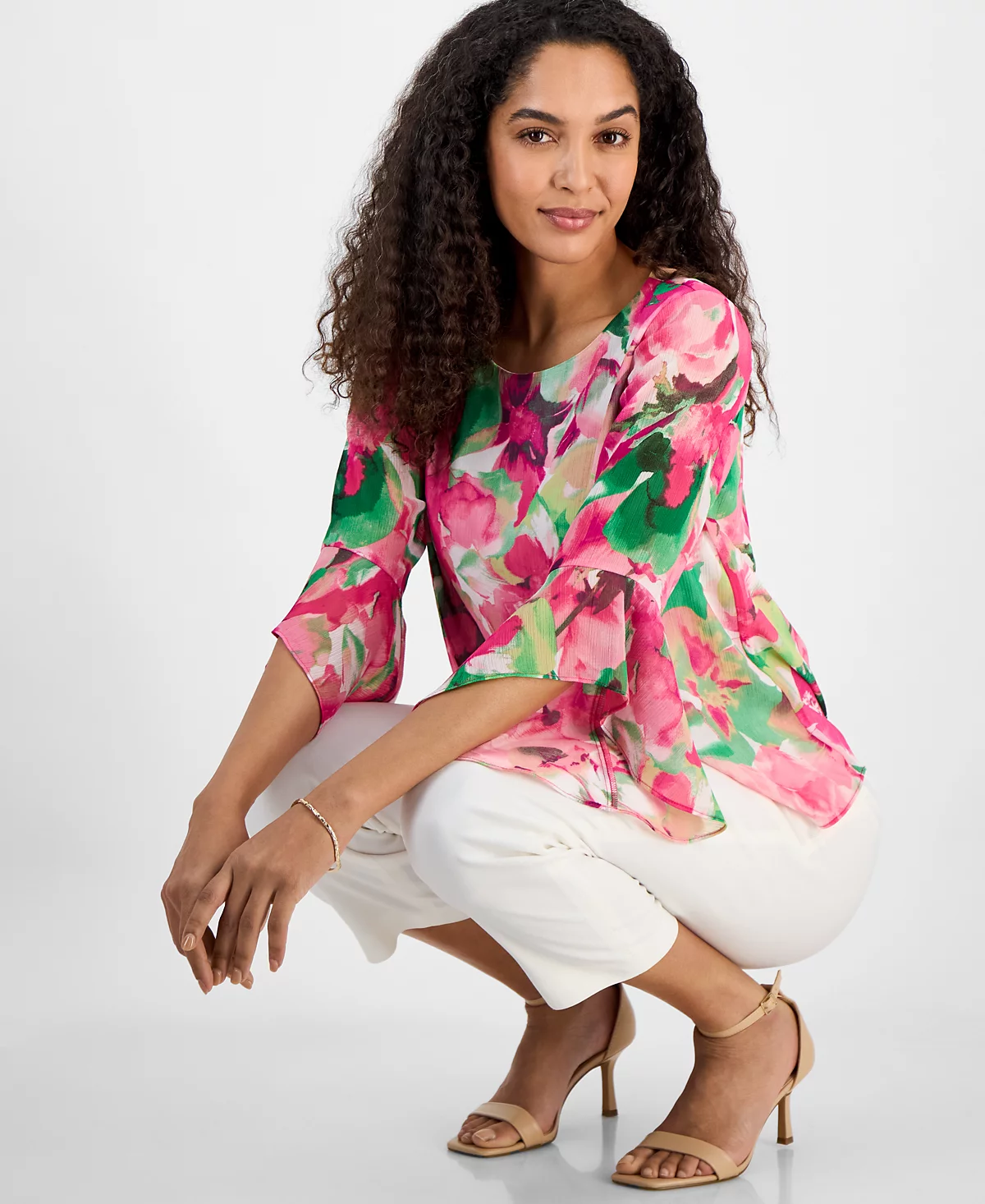 Kasper Women's Floral-Chiffon Ruffle Bell-Sleeve Blouse, Regular & Petite Sizes