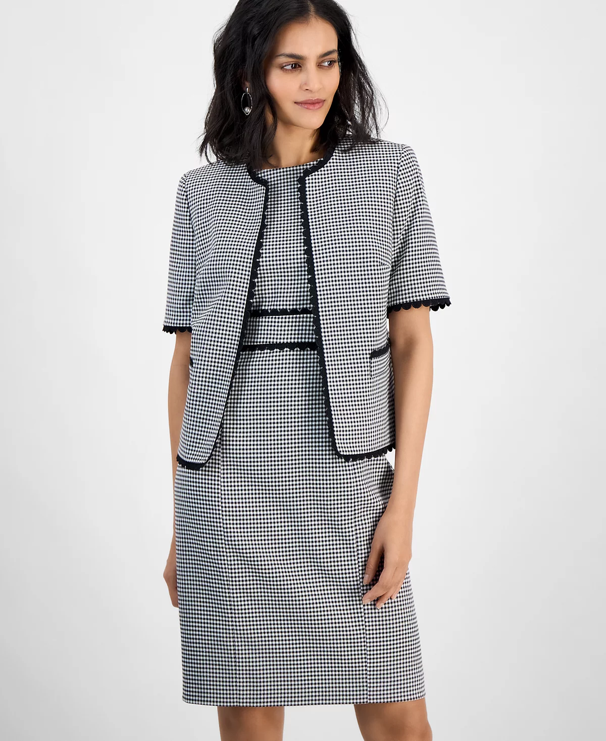 Kasper Women's Check Scalloped-Trim Short-Sleeve Jacket, Regular & Petite Sizes