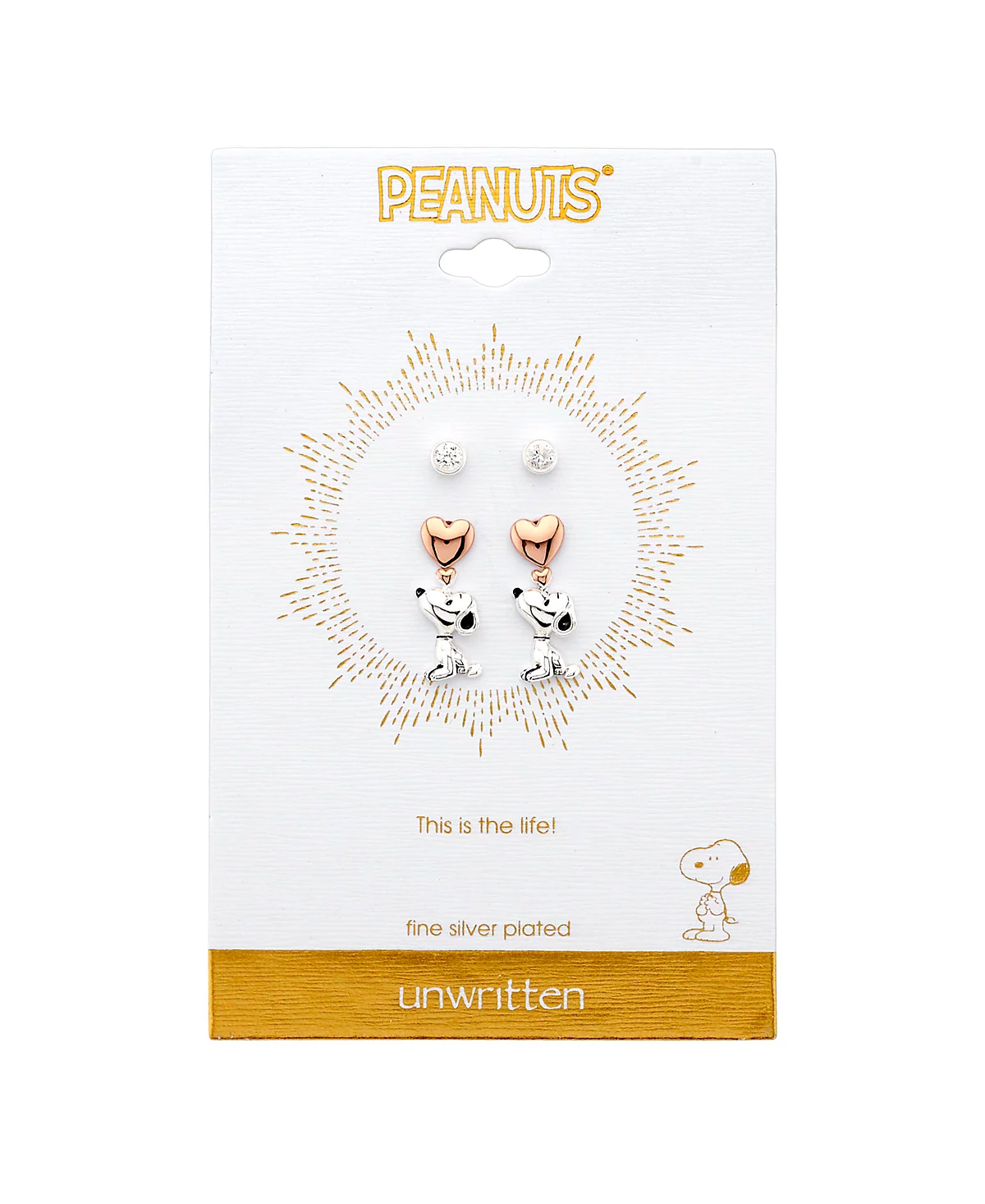Unwritten Three Pair Silver Plated Snoopy Earring Set with Rose Gold Heart and CZ Bezel Stud 3890₽