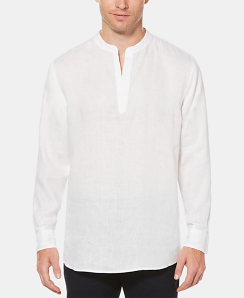 Мужская однотонная льняная рубашка с длинным рукавом Perry Ellis