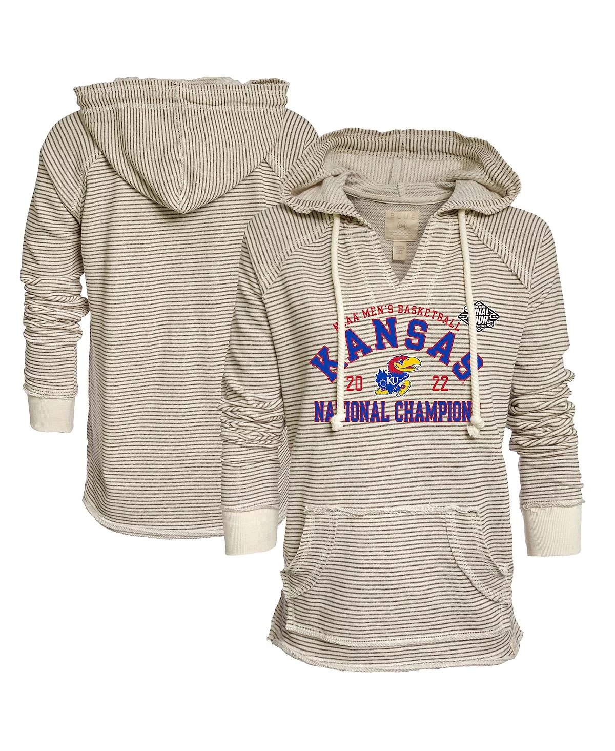 Womens Blue 84 Cream and Gray Kansas Jayhawks 2022 NCAA Mens Basketball National Champions French Terry V-Neck Pullover Hoodie 9090₽