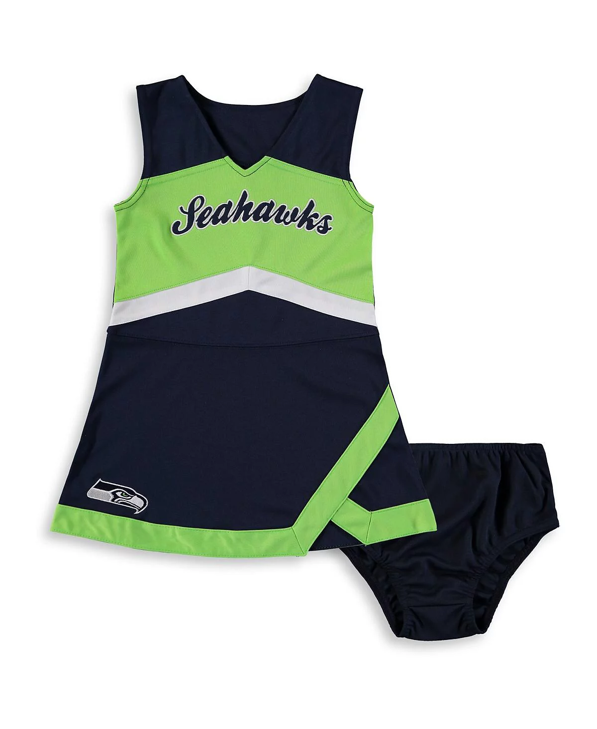 Little Girls College Navy Neon Green Seattle Seahawks Cheer Captain Jumper Dress 5290₽