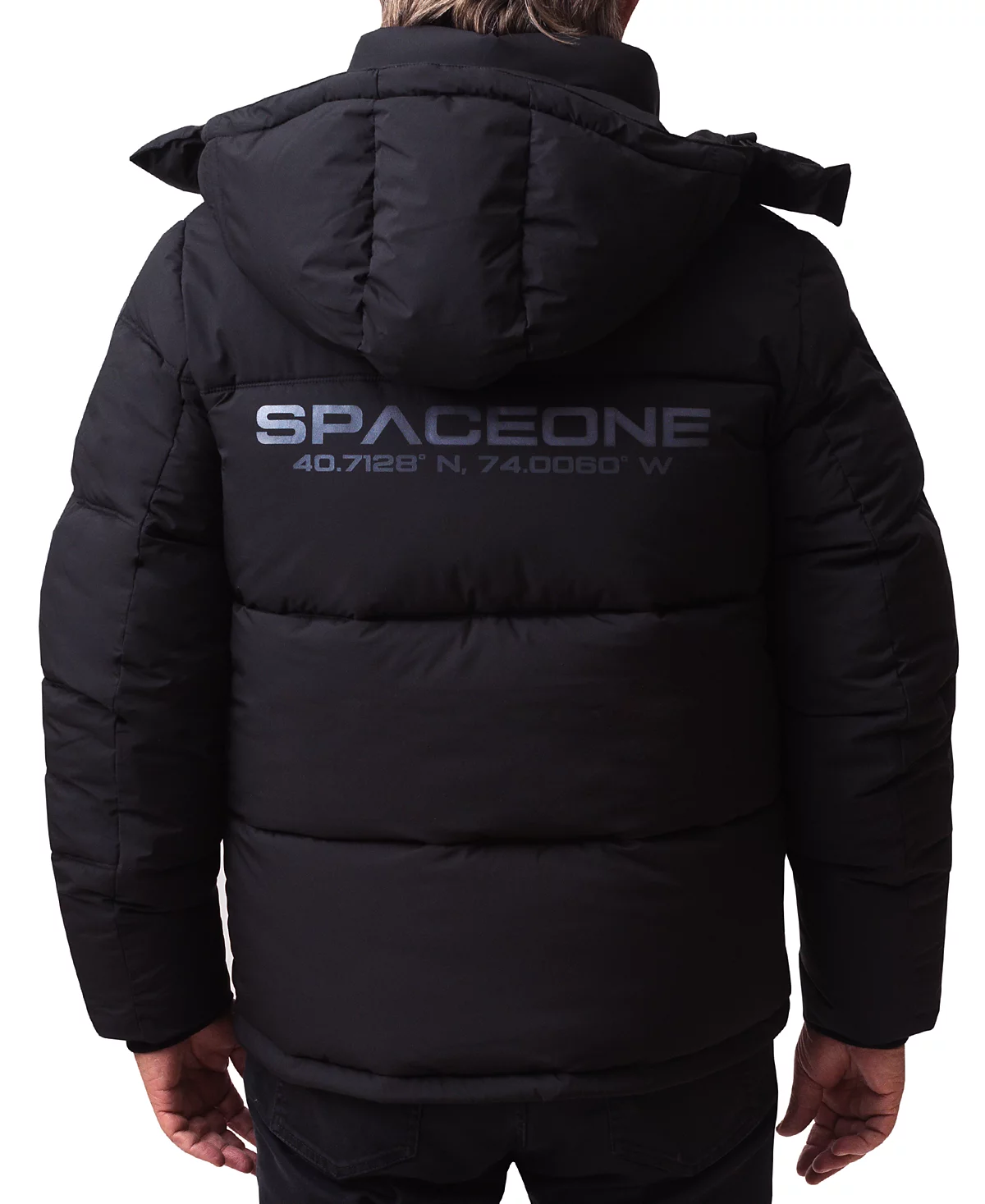 Space One Men's Nasa Inspired Hooded Puffer Jacket with Printed Astronaut Interior
