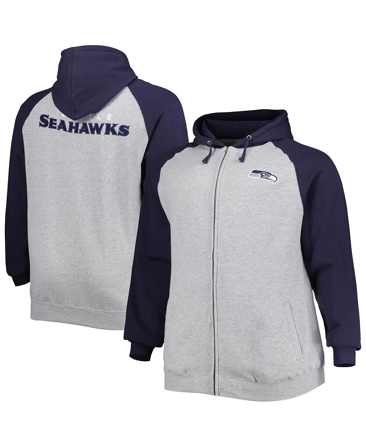 Mens Heather Gray Seattle Seahawks Big and Tall Fleece Raglan Full-Zip Hoodie Jacket 11390₽