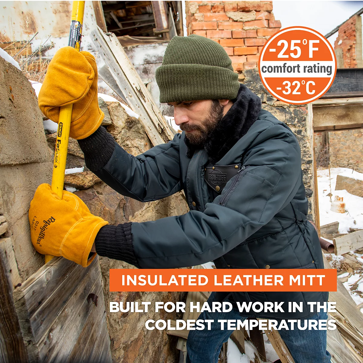 RefrigiWear Mens Warm Fleece Lined Fiberfill Insulated Leather Mitten Gloves 6590₽