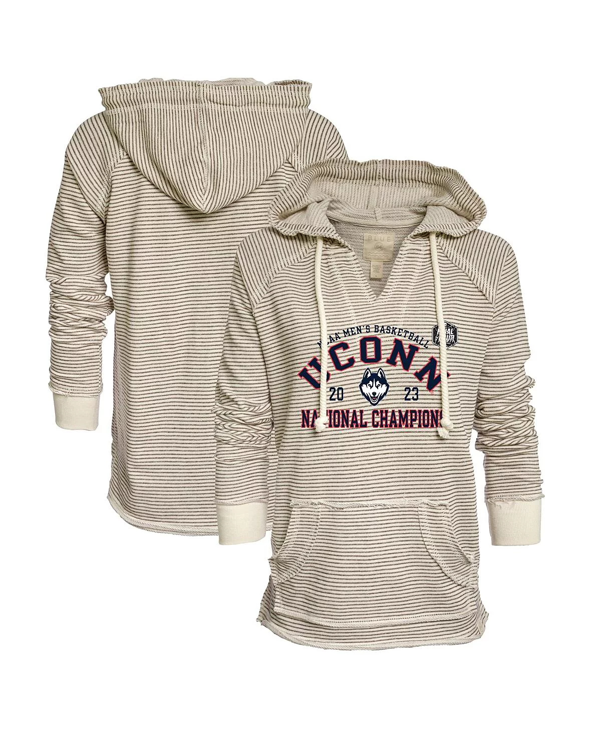 Women's Blue 84 Tan UConn Huskies 2023 NCAA Men's Basketball National Champions Huntington French Terry V-Neck Pullover Hoodie